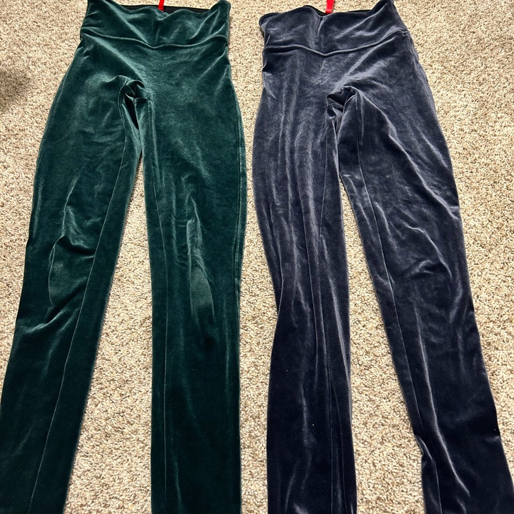 SPANX velvet leggings, purple and green